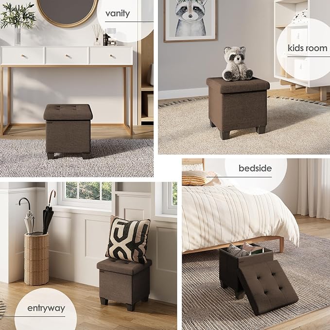 Storage Ottoman Cube with Small Bin, 16-in Square Ottoman with Storage for Living Room and Bedroom, Small Ottomans Foot Rest, Fabric Foot Stools Ottomans Max 330lbs, Brown