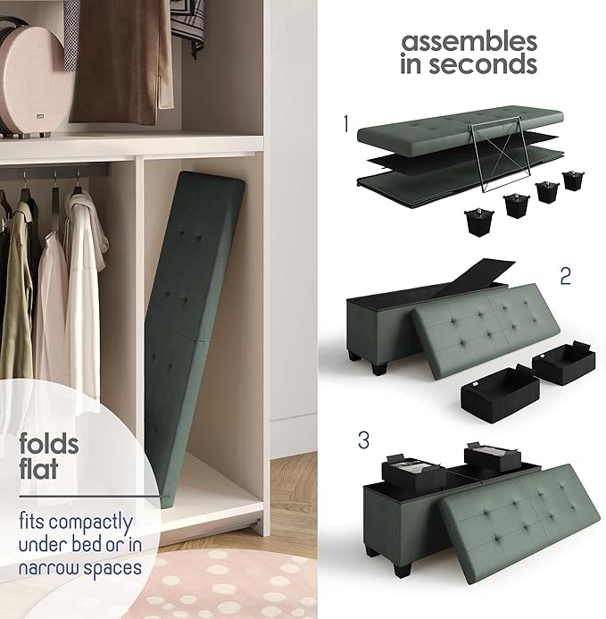 Storage Ottoman Bench with Bins, 43-in Storage Bench for Bedroom End of Bed, Folding Foot Rest Ottoman for Living Room Max 660lbs, Faux Leather Ottomans, Green