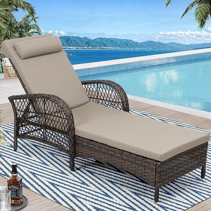WINGTU Outdoor Chaise Lounge Chair, PE Wicker Long Recliner Patio Lounge Chair with Cushion, 6-Position Patio Reclining Sun Lounger with Adjustable Backrest for Poolside, Armrest & Pillow, Beige