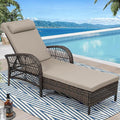 WINGTU Outdoor Chaise Lounge Chair, PE Wicker Long Recliner Patio Lounge Chair with Cushion, 6-Position Patio Reclining Sun Lounger with Adjustable Backrest for Poolside, Armrest & Pillow, Beige