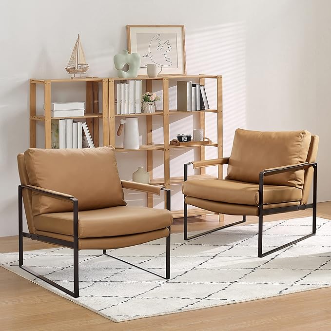 Volans Mid Century Modern Genuine Leather Accent Chair with Arms for Living Room, Metal Frame Armchair Reading Chair, Lounge Chair Single Sofa for Bedroom Office, Khaki