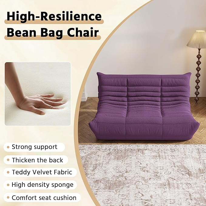 Bean Bag Chair, Fireside Chair, Large Bean Bag Chair for Adults, Bean Bag Chairs for Teens with High-Resilience Foam, Non-Slip Base Floor Lounge Sofa,Living Room (Purple, Loveseat)