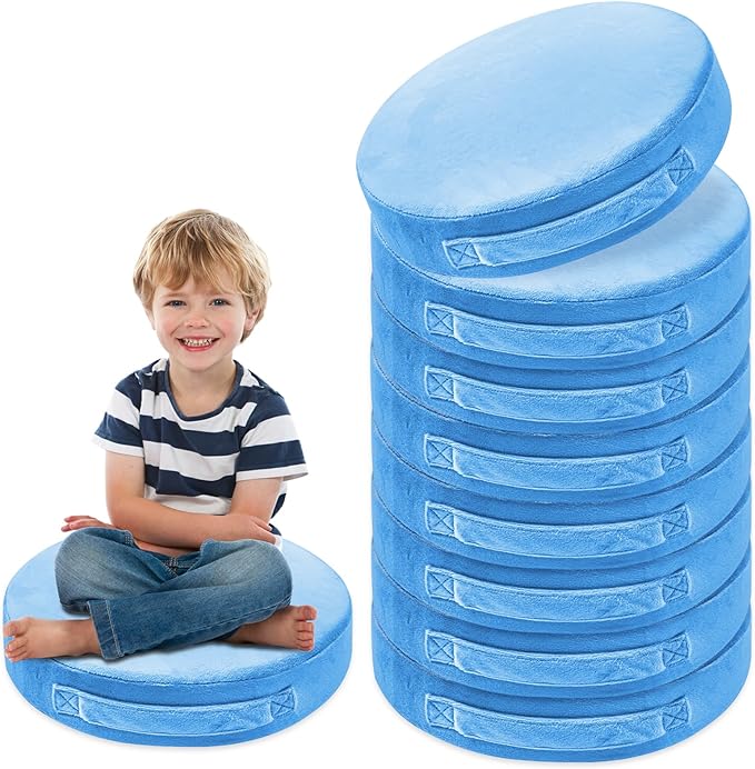 16 Pcs Round Floor Cushions for Kids, 15'' Plush Flexible Seating Pillows with Handles, Soft Chair Seats for Classroom Elementary Daycare Preschool Playroom Reading Corner Blue