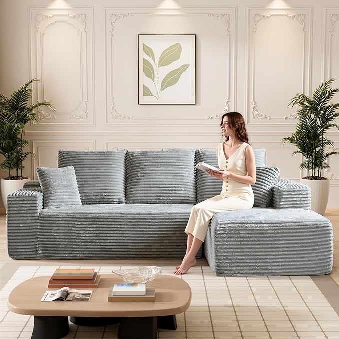 HYJT-H&K Modular Sectional Sofa Cloud Secttional Couch, 107" Comfy L Shaped Couches for Living Room, Deep Seat Memory Foam Fluffy Plush Corduroy Boneless Couch Sectionals Right Facing Sofa Chaise Grey