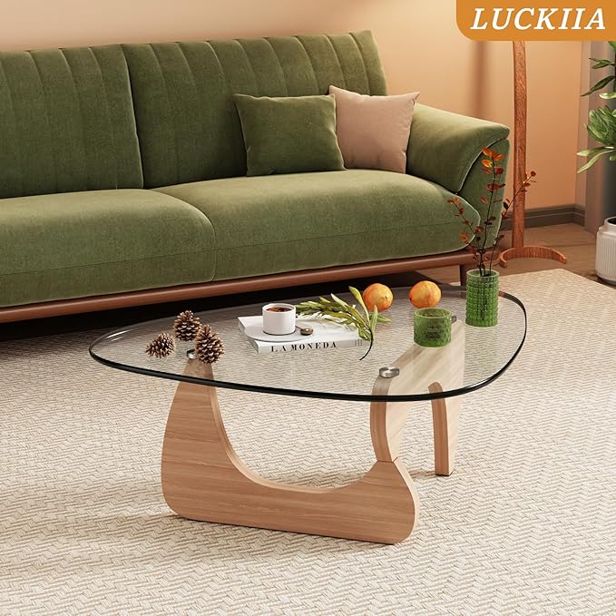 LUCKIIA Coffee Tables Glass Small Farmhouse Coffee Table Mid-Century Modern Wood Center Table for Living Room, Original Transparent, 32 Inch