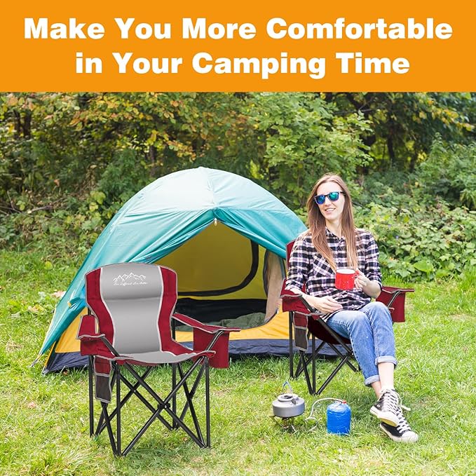 SAILARY Folding Camping Chair Portable Outdoor Heavy Duty Padded Chairs Lawn Chair with Cup Holder, Storage Pocket and Cooler Bag, Supports 450LBS Red