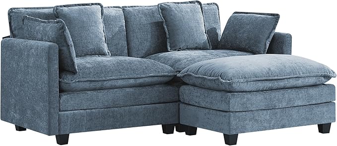 UMBFUN Cloud Couch Loveseat with Ottoman, Oversized Comfy Modular Sectional L Shaped Sofa with Deep Seat Cushions, Chenille 2-Seater Lounge Set for Living Room, Blue