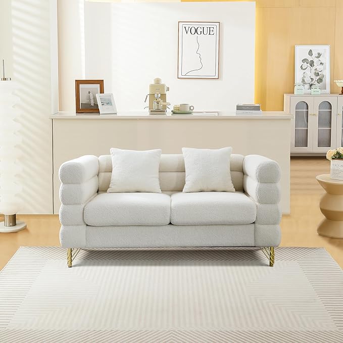 mikibama Modern Teddy Loveseat Sofa, 60 Inch Sectional Sofa Couch, Luxury 2 Seater Deep Couch with 2 Pillows and Gold Metal Legs for Living Room, Bedroom, Apartment (White)