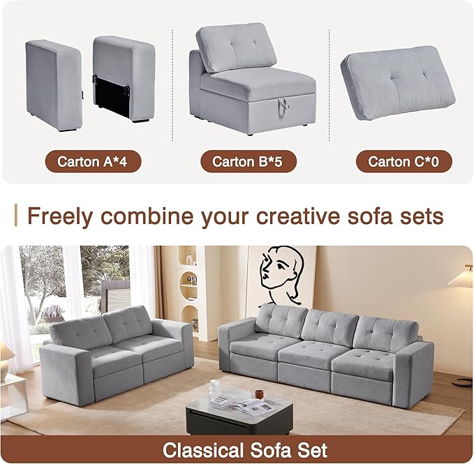ORRD Modular Sectional Couch, Small Loveseat Sofa with Storage, 2 Seater Sofa Modular for Living Room, Office (Grey)
