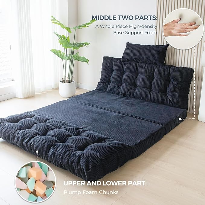 MAXYOYO Bean Bag Bed Tufted Folding Sofa Bed with Pillows Floor Mattress for Adults, Extra Thick and Long Floor Sofa, Twin Couch for Bedroom Living Room, Black, 39x91 Inch