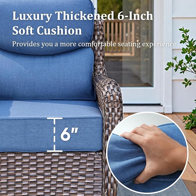 Pugire Luxury High Back Patio Furniture Set with 6-Inch Thick Cushions, 4-Pieces Outdoor Furniture with Swivel Chairs, Wicker Conversation Set for Porch, Balcony, Deck and Yard, Brown/Blue