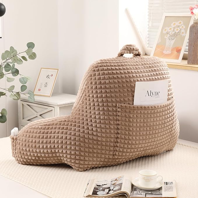 PAJEO Reading Pillow for Sitting in Bed, Large Backrest Reading Pillow with Arm Rest,Back-Rest Support Cushion for Sit Up on Couch, Sofa, and Floor, Dorm Essentials (Khaki Flannel, Large(19"))