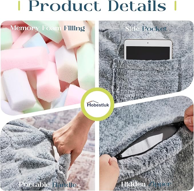 Hobestluk Bean Bag Chairs Giant Beanbag Chair with Filler, Memory Foam Bean Bags with Fluffy & Machine Washable Cover, Bean Bag Chairs for Aduts for Living Room, Bedroom (Grey, 6FT - 70" x 70" x 15")
