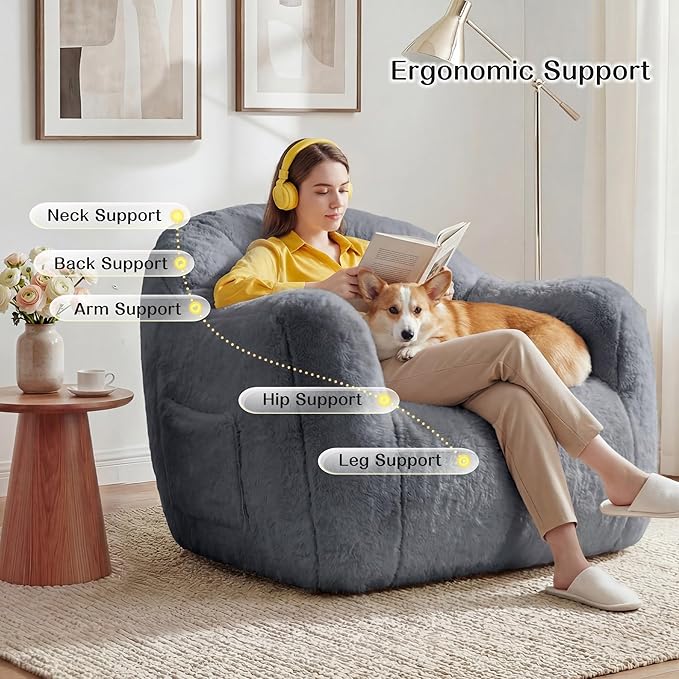Homkdom Bean Bag Chair, Giant Bean Bag Chairs for Adults, Shell-Shaped Bean Bag Couch with Armrests & Side Pockets, Comfy Beanbag Lazy Couch Reading Chair for Bedroom, Living Room, Bluegrey