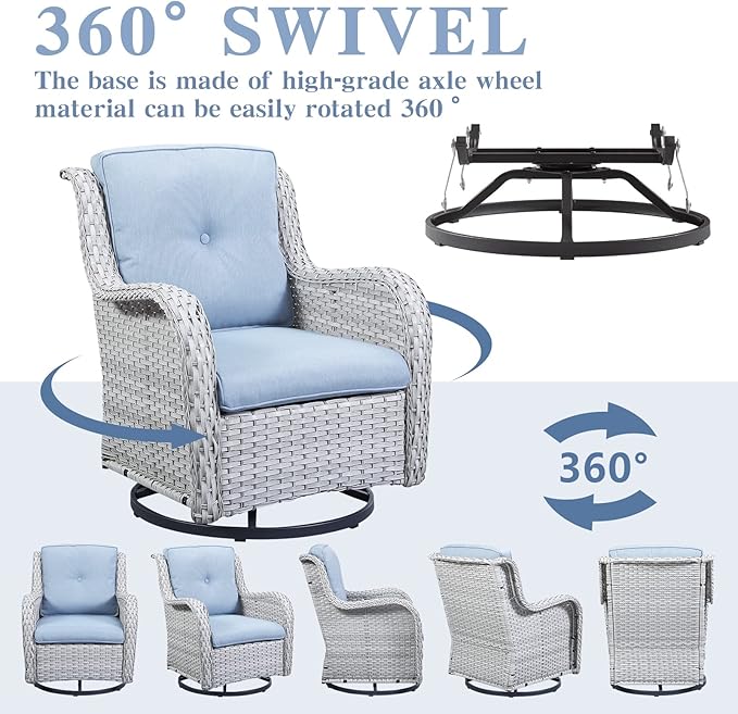 Belord 5 Piece Outdoor Patio Furniture Set - Wicker Furniture Patio Conversation Set, Outdoor Swivel Rocker Chairs with 3-Seater Sofa and 2 Ottomans for Small Space, Baby Blue Cushion