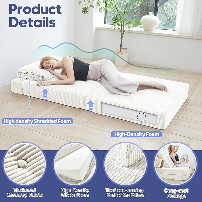 Folding Sofa Bed,Foldable Couch with Large Backrest and Pillows,Convertible Sleeper Chair for Living Room、 Bedroom 、Balcony 、Hotel、 Apartment,Twin,Creamy Apricot
