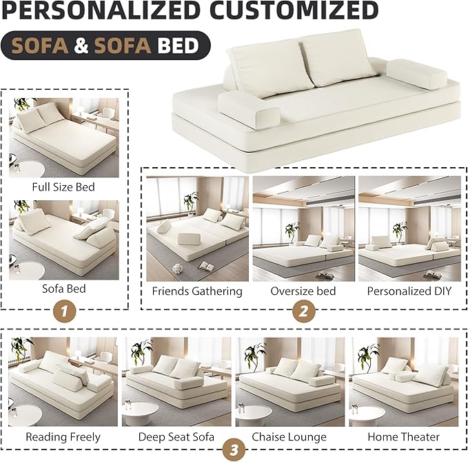 Convertible Sleeper Sofa Bed Floor Sofa,86.6" King Size Folding Mattress Couch with Pillow,Upholstered Boneless Cloud Couch for Apartment Living Room Bedroom (Beige)