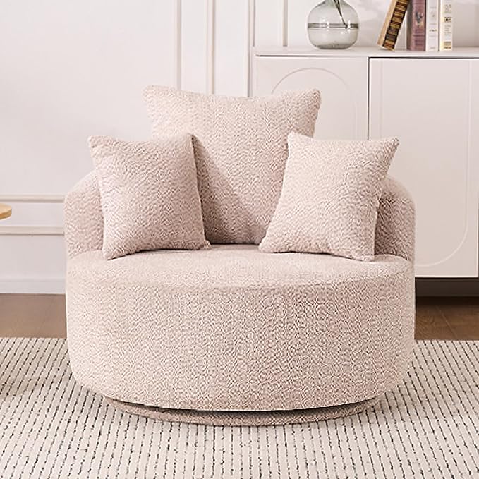 Yoglad 38.58'' Swivel Round Chair, Comfy Boucle 360° Accent Chair with Thick Cushion, Oversized Modern Single Sofa with 3 Pillows, Soft Armchair for Nursery, Living Room, Bedroom, Office (Beige)