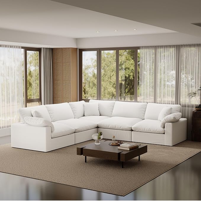 Forest aesthetics Cloud Modular Sectional Sofa,211.6" Down Filled Sofa 5 Seat with Chaise,Minimalist Sofa Cover Washable and Replaceable Couches for Living Room,Sectional Sofa Deep Seat White