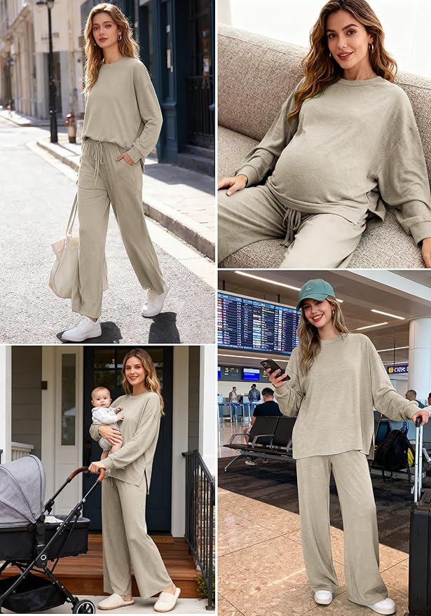 AmazingStar Womens Lounge Set 2025 Fall 2 Piece Outfits Long Sleeve Tops Wide Leg Long Pants Cozy Matching Sets Clothing