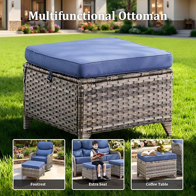 Pugire Luxury High Back Patio Furniture Set with 6-Inch Thick Cushions, 5-Pieces Outdoor Furniture with Swivel Chairs, Wicker Conversation Set for Porch, Balcony, Deck and Yard, Grey/Blue