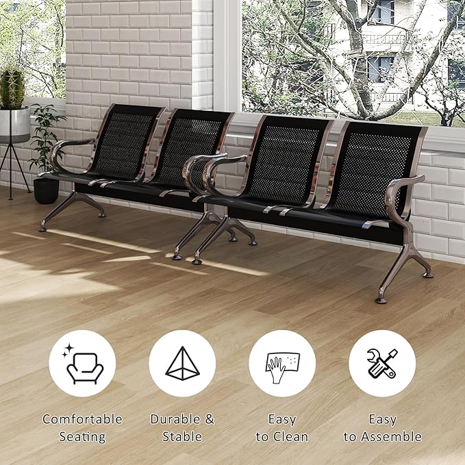 Kinfant 2-Seat Waiting Room Chair Bench Set - 2 Pieces Office Guest Benches Reception Chairs with Arms for Airport, Hospital, Bank, Salon, Barbershop, Hall, Room Conference(Black Mesh)