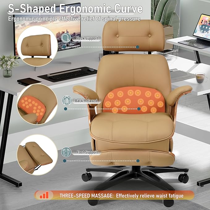 Genuine Leather Office Chair with Electric Reclining, Footrest, Lifting and Massage Function, 350lbs Capacity Ergonomic Executive Chair with Alu Base and 360° Wheels for Home Living Room