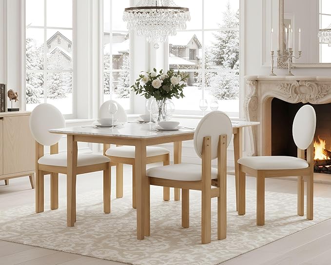 Wahson Modern Wood Dining Chairs Set of 6, Farmhouse Beige Linen Kitchen Chairs with Round Back and Wooden Legs, Mid-Century Armless Upholstered Accent Chairs for Dining Room/Living Room/Restaurant