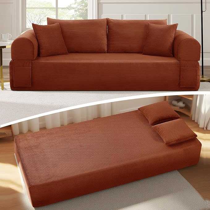 83" Sofa in a Box, 3 Seater Couch No Assembly Boneless Sofa Bed with Cushion Back 2 Matching Pillows Deep Seat Corduroy Fabric Side Storage Pockets for Living Room, Bedroom, Apartment, Office, Orange