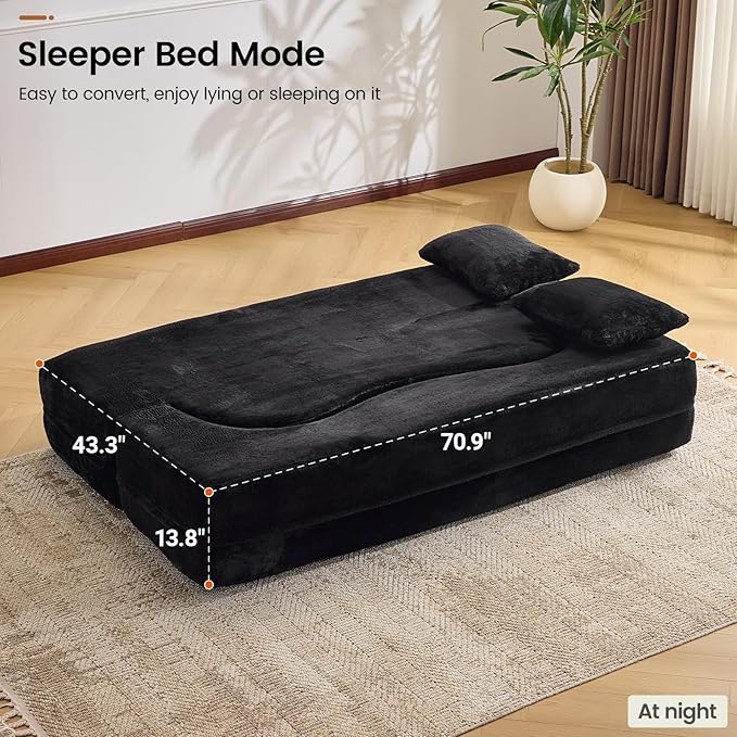 Orynveela Convertible Folding Sofa Bed, 71” Single Size Floor Sleeper Couch, Chenille Full Foam Futon Loveseat for Living Room Bedroom, No Assembly Required (Black)
