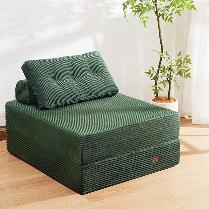 Upgraded Foldable Lazy Sofa Bed,Sofa Cama Barato Featuring a Large Backrest and Pillows,Chair Sleeper Bed for Living Room、 Bedroom 、Balcony 、Hotel、 Apartment,Twin Size,Emerald Green