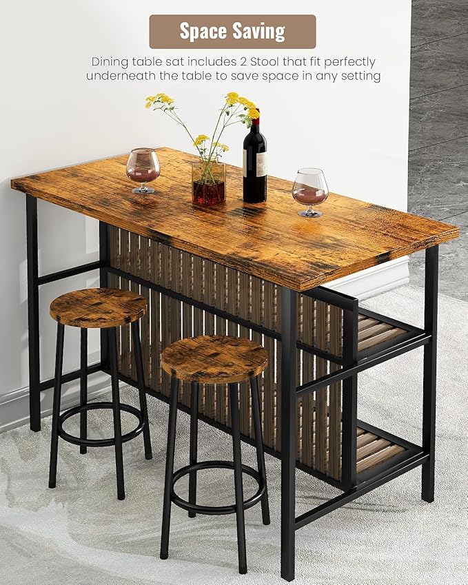 Lamerge 3 Piece Bar Table and Chairs Set, Industrial Bar Table Set for 2 Kitchen Island with Seating,Counter Height Table with Storage Shelves,Dining Room Table Set for Kitchen,Walnut