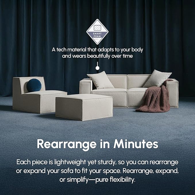 ROVE LAB M1 Modular Sectional Sofa with Ottoman, Sofa in a Box, Pet Friendly Modular Couch, Spill-Resistant,Sustainable, Stylish, Modern Sectional Couch for Living Room with SmartFoam Comfort