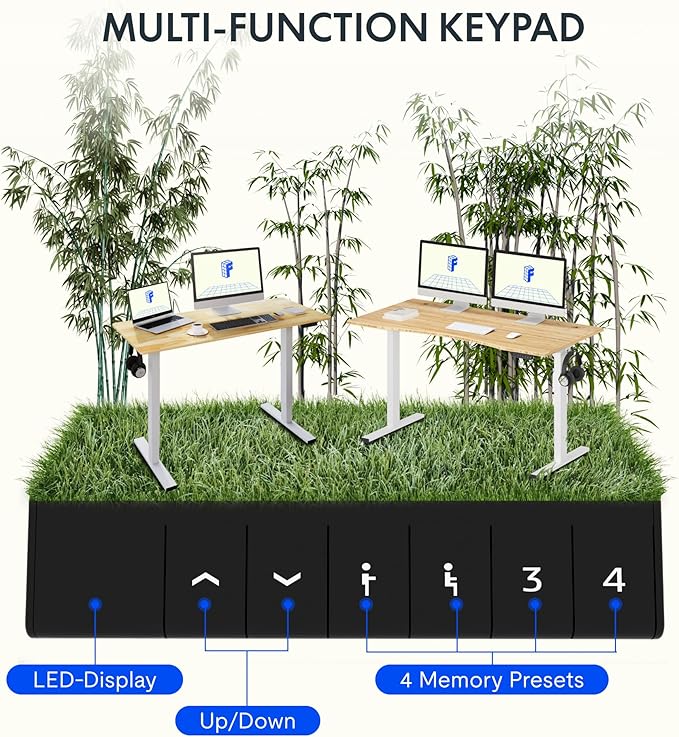 FLEXISPOT EN1 Bamboo Standing Desk, 60 x 30 Inches Whole-Piece Electric Adjustable Height Sit Stand Desk - Silver Frame + Bamboo Curved Desktop (2 Packages)