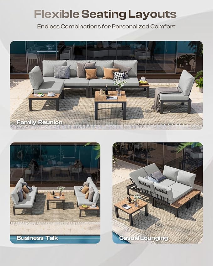 Oasbira Aluminum Modular Outdoor Patio Furniture Set, 8 Seats Sectional Sofa Set with Adjustable Backrest & Thick Cushions, All-Weather L-Shaped Corner Set with Table for Garden & Yard, Gray