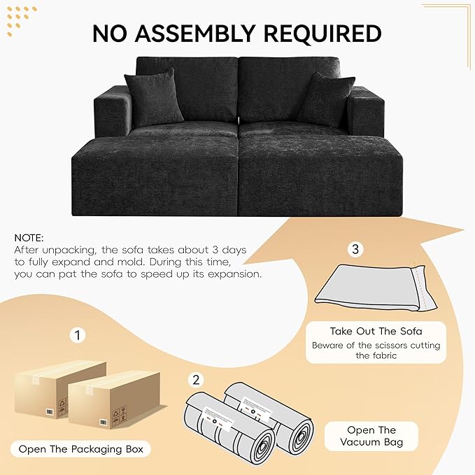 83'' Boneless Loveseat Sofa, Comfy Deep Seat Cloud Couch with 2 Moveable Ottoman, No Assembly Chenille Love Seat for Living Room, Black