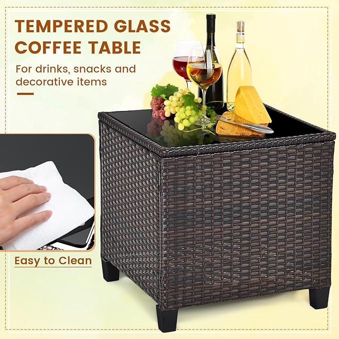 ORALNER 3 Pieces Patio Furniture Set, Outdoor Wicker Conversation Set Rattan Chairs with Cushions, Glass Coffee Table, Bistro Set for Front Porch Balcony Garden Deck Poolside (Orange)