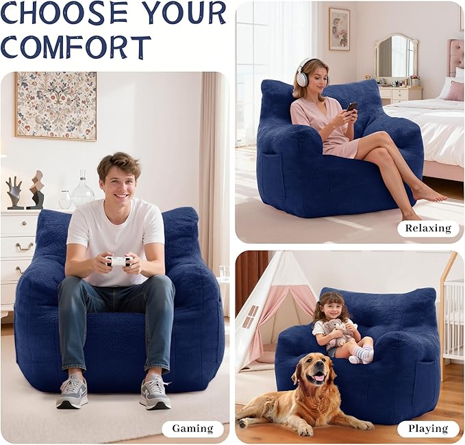 Bean Bag Chair, Comfy Bean Bag Sofa with Armrests & Back Support, Shredded Foam Filled Floor Couch for Adults, Fluffy Cloud Chair for Bedroom/Dorm/Reading, Single, Blue
