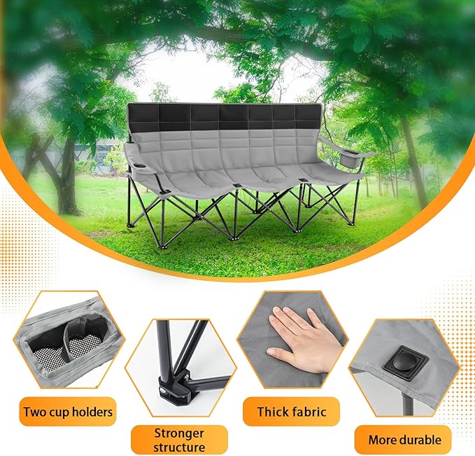 Lowdown 3 Person Camping Chairs, Oversized 771 Lbs Sturdy Camping Couch Chair Portable Fully Padded Folding Loveseat Sofa for Campsites, Festivals, Concerts, Tailgates, Soccer Games