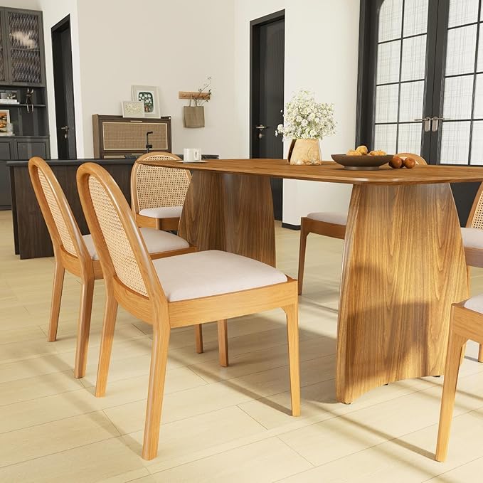 HEAH-YO Rattan Dining Chairs Set of 6, Upholstered Linen Dining Room Chairs with Backrests, Modern Kitchen Chairs with Wood Legs for Dining Room, Beige