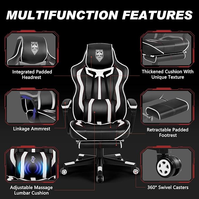 Vonesse Gaming Chair with Footrest,Reclining Computer Gaming Chair for Adults,Big and Tall Gamer Chair with Massage,Ergonomic High Back (White/Black)