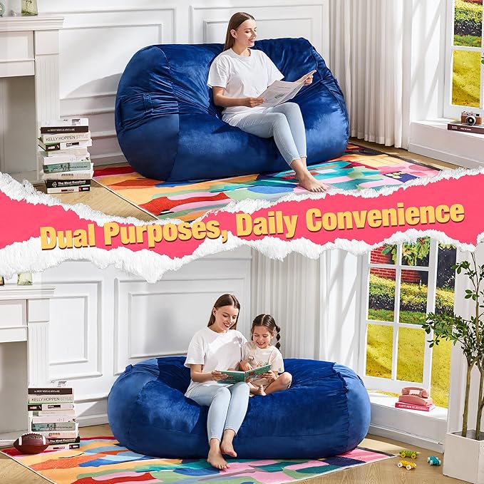 Hobestluk 4FT Bean Bag Chair Large Beanbag with Removable Cover Adult Bean Bag Chair with Portable Handle Desgin for Living Room Bedroom (Blue, 4FT)