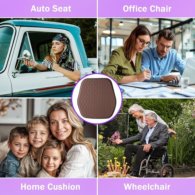 Binsheo Thin Premium Gel Seat Cushion for Car Seat, Office Chair, Wheelchair, Golf Cart - Non-Slip Car Seat Cushions with 0.7 Inch Gel - Sciatica & Coccyx Pain Relief (Suede, Dark Brown)