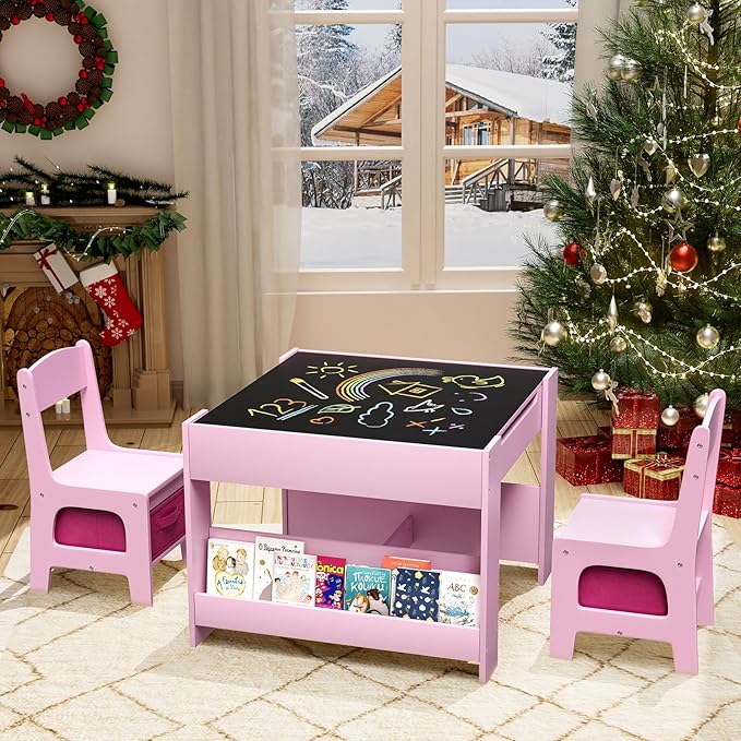 Arlopu Kids Table and Chairs Set, 4 in 1 Toddler Art Desk with Storage Drawer, Wooden Activity Deskboard, Blackboard, Reversible & Detachable Tabletop, Bookshelf for Drawing, Reading (Pink)