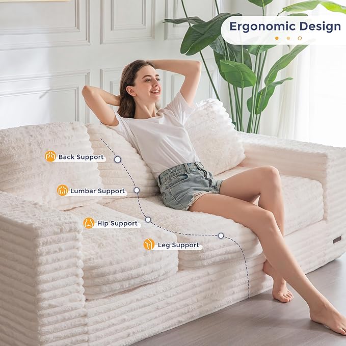MAXYOYO 3-Seater Boneless Sofa Couch, Modern Faux Fur Sofa for Living Room, Soft Bean Bag Chair High-Density Foam Couch with Pillows, No Assembly Required
