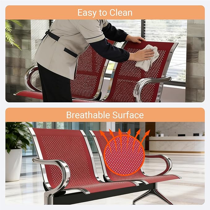 Kinfant 2-Seat Waiting Room Chair - Office Guest Reception Chairs with Ergonomic Backrests, Airport Waiting Bench with Armrests, Metal Waiting Furniture for Hospital, Bank (Dark Red, Set of 3)