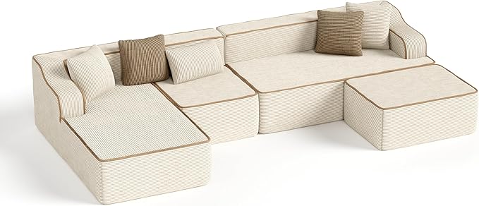 PHI VILLA Cloud Modular Couch, Boneless Sectional Sofa with U-Shaped Chaise, 6-Seater Couches with Movable Ottoman for Living Room, No Assembly Required, Corduroy, Beige