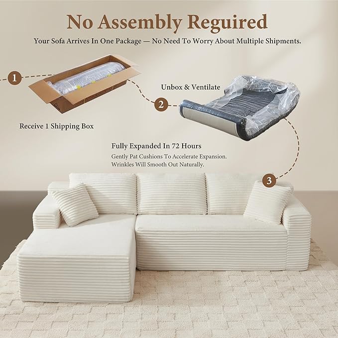 105" Sectional Couches for Living Room Cloud Couch Sofa with L-Shape Upholstered Boneless Couchs Modern Modular Sectional Couch with Chaise (White, 105" W+Left Facing Chaise+2Seaters)