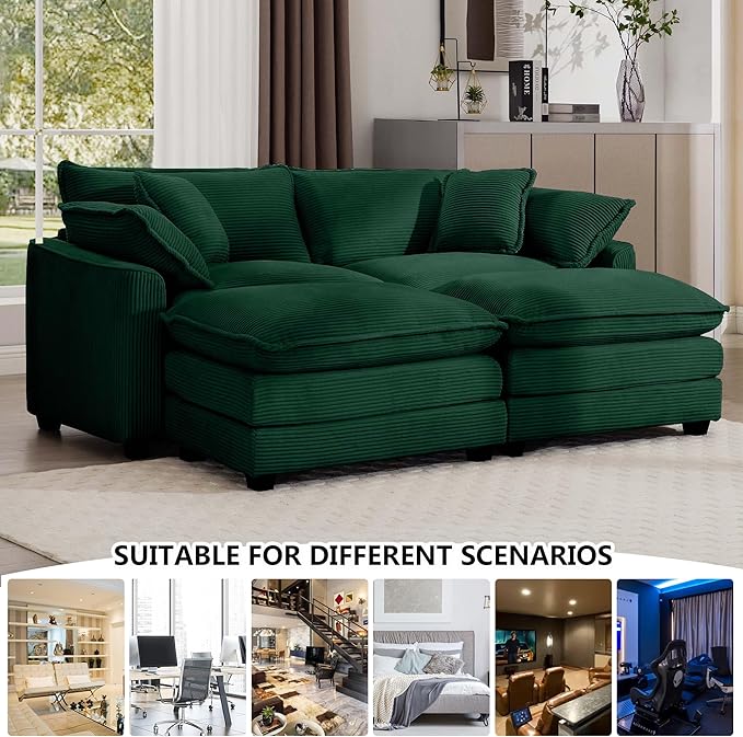 Aoowow Oversized Loveseat Couch with Ottomans,Modern Corduroy 2 Seater Cloud Couches for Living Room,Modular Sectional Cloud Sofas Deep Seat,Double Lounger Sleeper Sofa