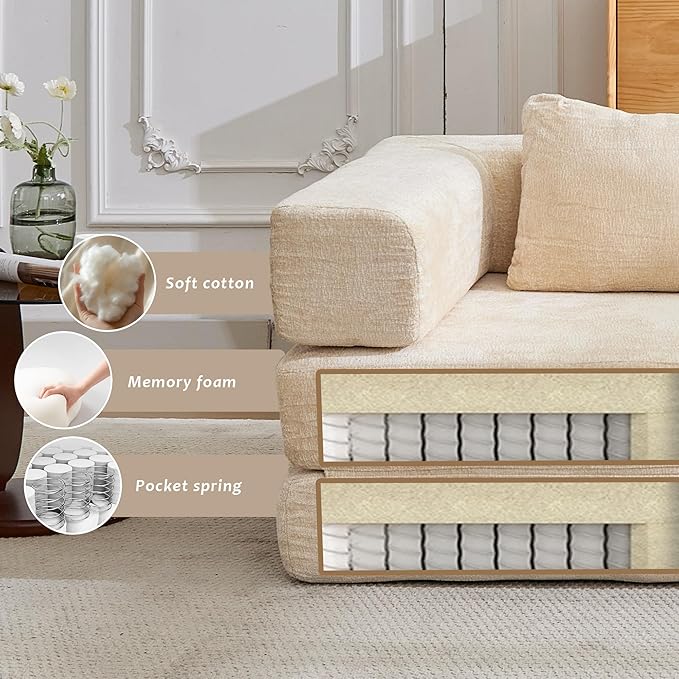 6-in-1 Folding Convertible Sofa Bed, 118 Inch Boneless Couch with Fixed-Shape Frame, Chenille Sleeper Sofa with Pull Out Bed, Floor Sofa Modular Futon Couches for Living Room Bedroom Lounge (Beige)